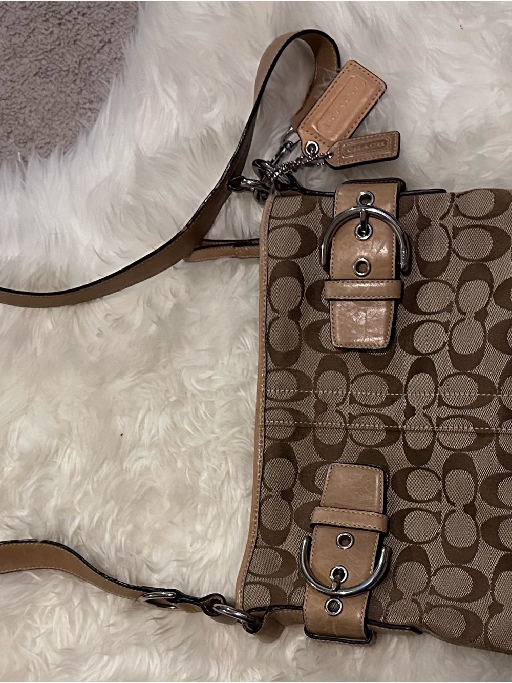 Coach Brown Signature soho Canvas Shoulder Bag with Tan Leather Trim
